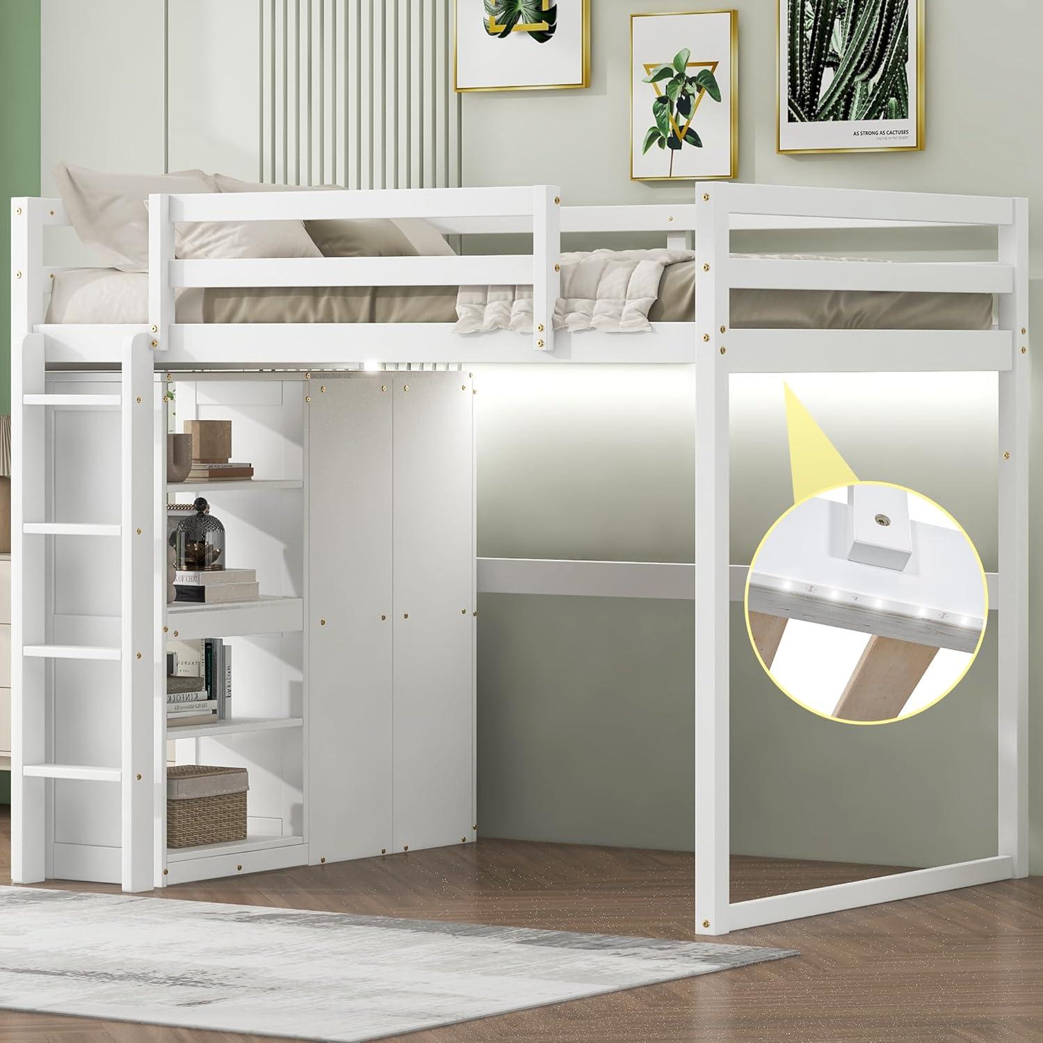 Harper & Bright Designs Full Size Loft Bed with Storage Shelves & Wardrobe, Wood Full Loft Bed Frame with LED Light for Kids Teens,Adults,Space Saving High Loft Bed,White
