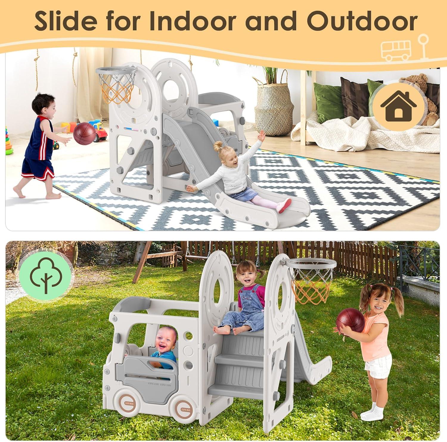 Suteck 4 in 1 Toddler Slide, Kids Slide with Climber and Bus Playhouse Outdoor Indoor Slide Playset