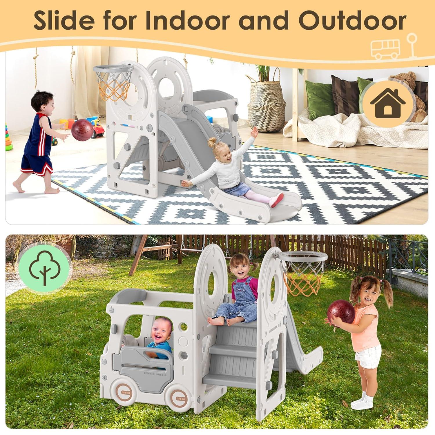 Suteck 4 in 1 Toddler Slide, Kids Slide with Climber and Bus Playhouse Outdoor Indoor Slide Playset