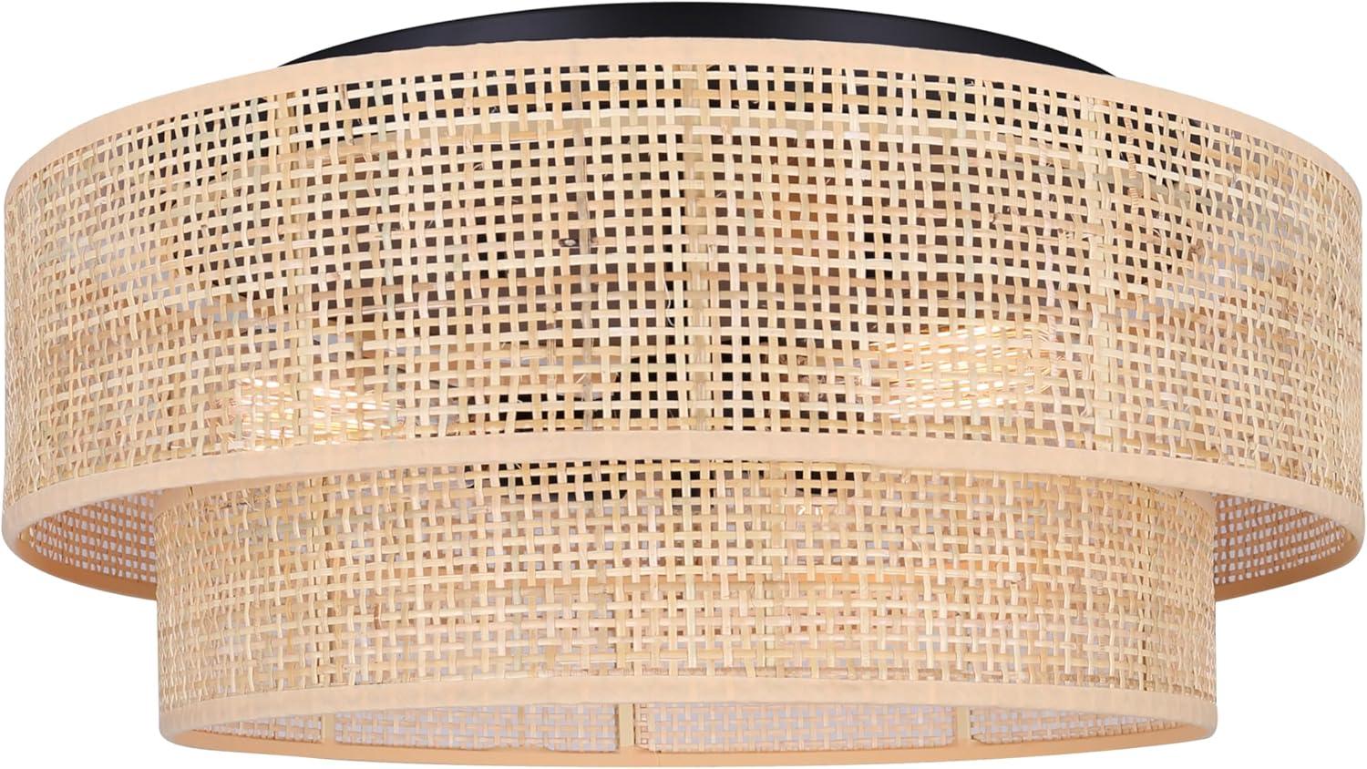 Bellamy 19-Inch 3-Light Flush Mount Ceiling Light – Contemporary Black Finish with Natural Rattan Shade, Warm Lighting for Bedroom, Hallway, or Entryway
