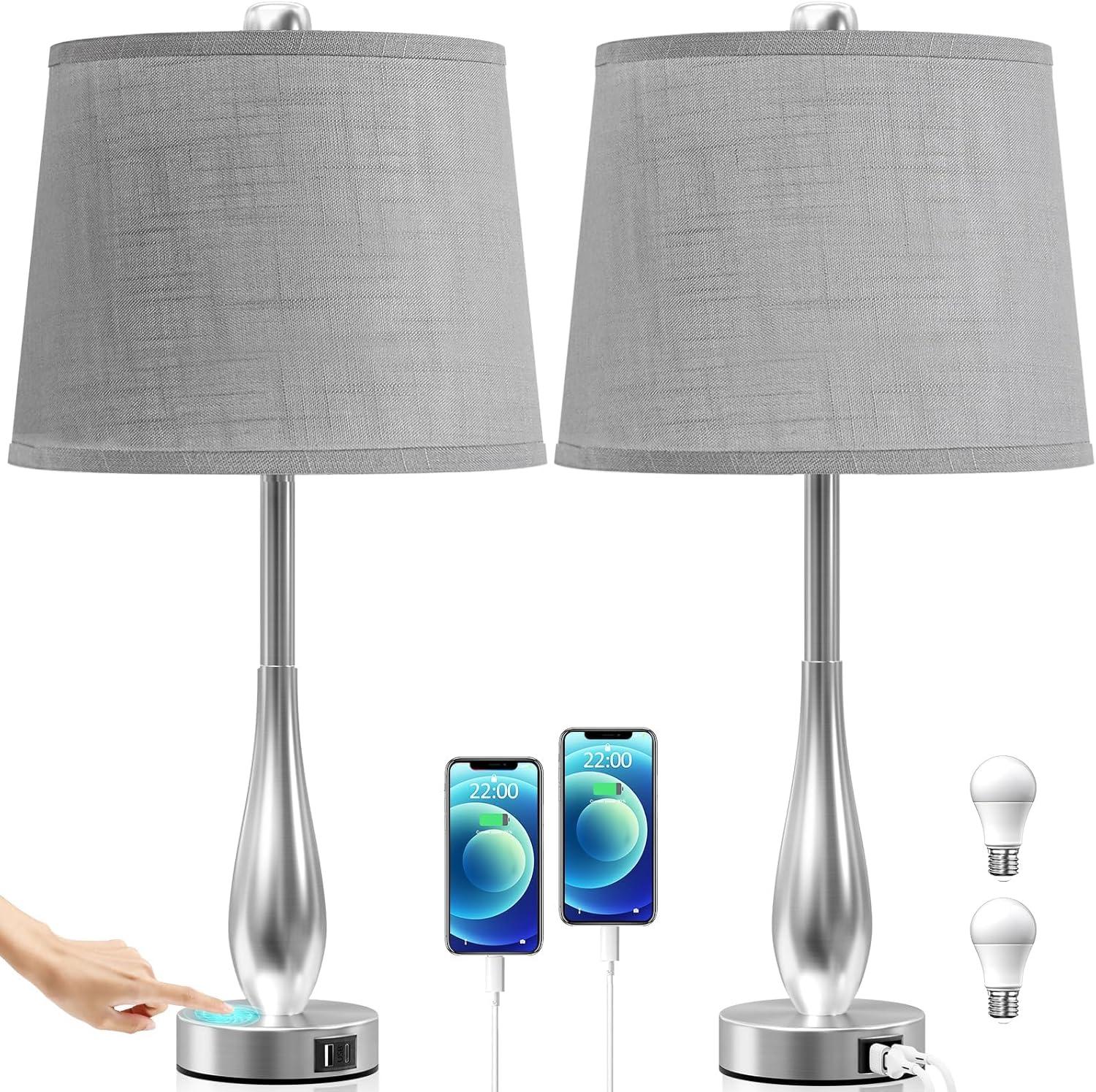 24" Brushed Nickel Touch Table Lamps with Grey Shades, Set of 2