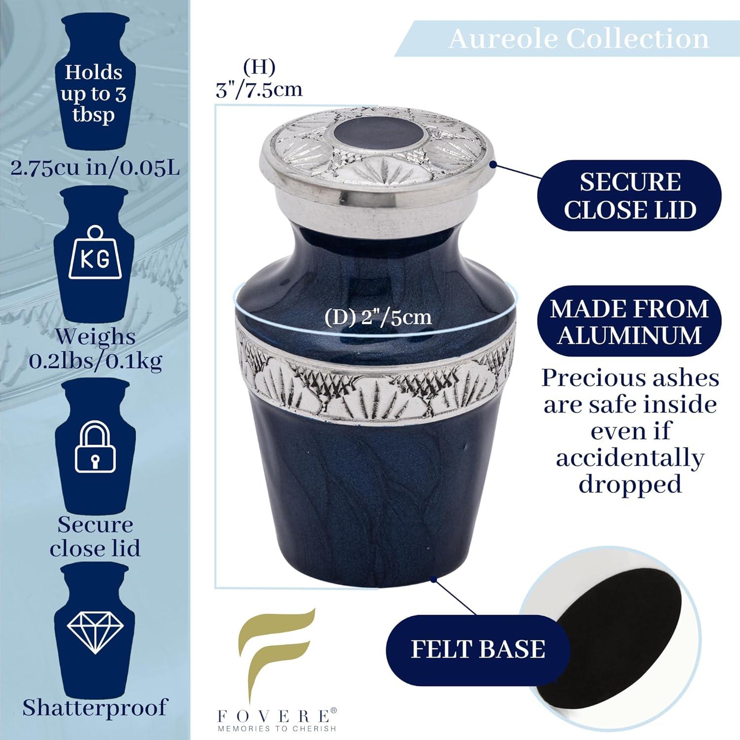 FOVERE – Mini Keepsake Urn for Human Ashes - Small Blue Cremation Urns with Elegant Silver Engraving – Holds a Small Portion of Ashes – 100% Handcrafted Decorative Urns for Human Ashes – Navy Blue