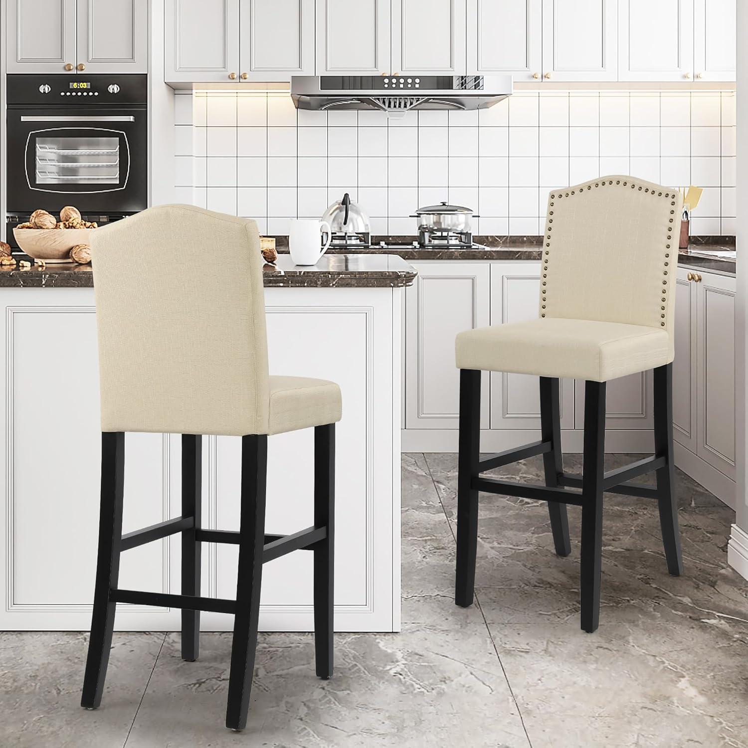 Beige Nailhead Studded Fabric Bar Stools with Wood Legs, Set of 2