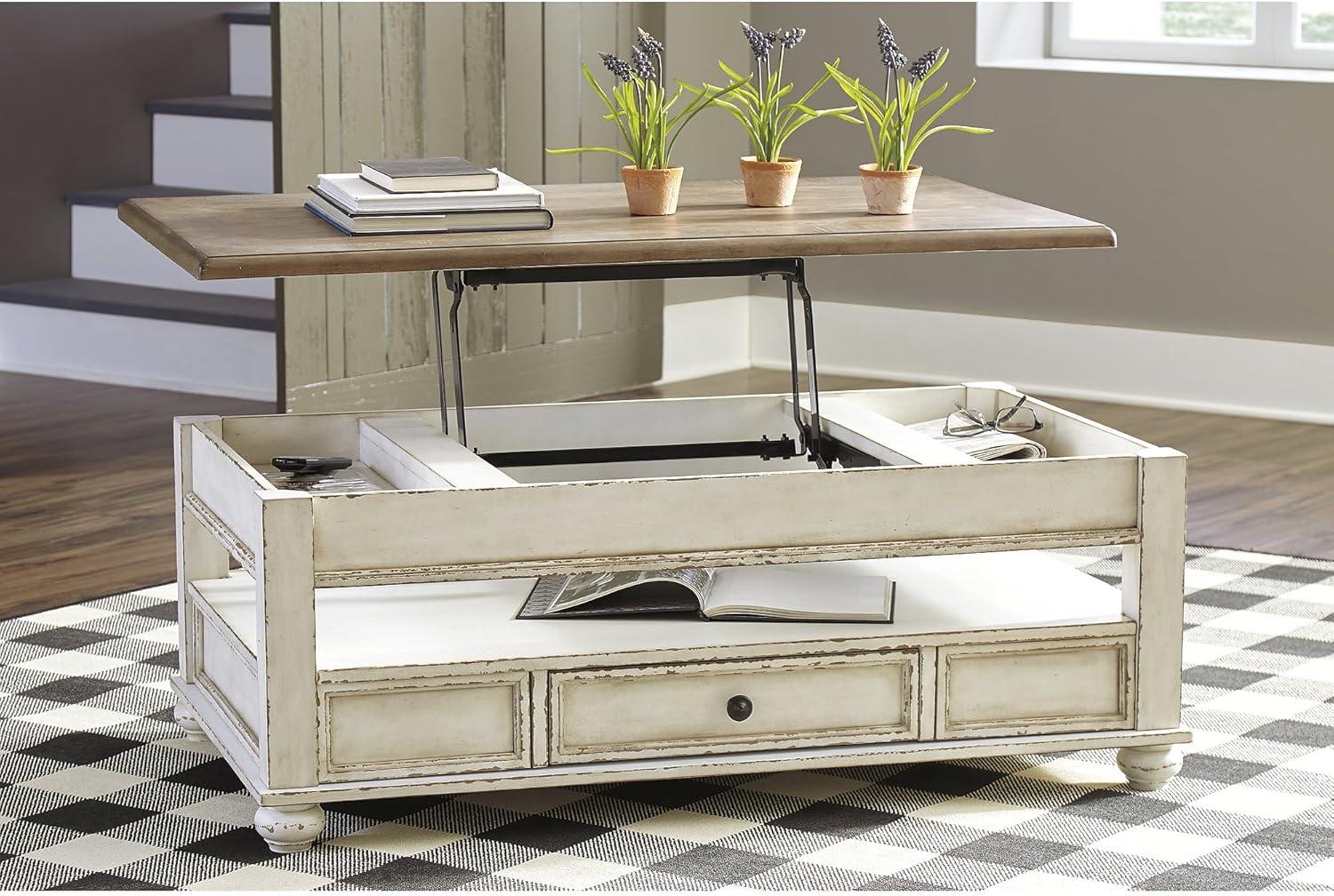 Realyn Coffee Table with Lift Top White/Brown - Signature Design by Ashley: Mid-Century Style, Storage, Wood Legs