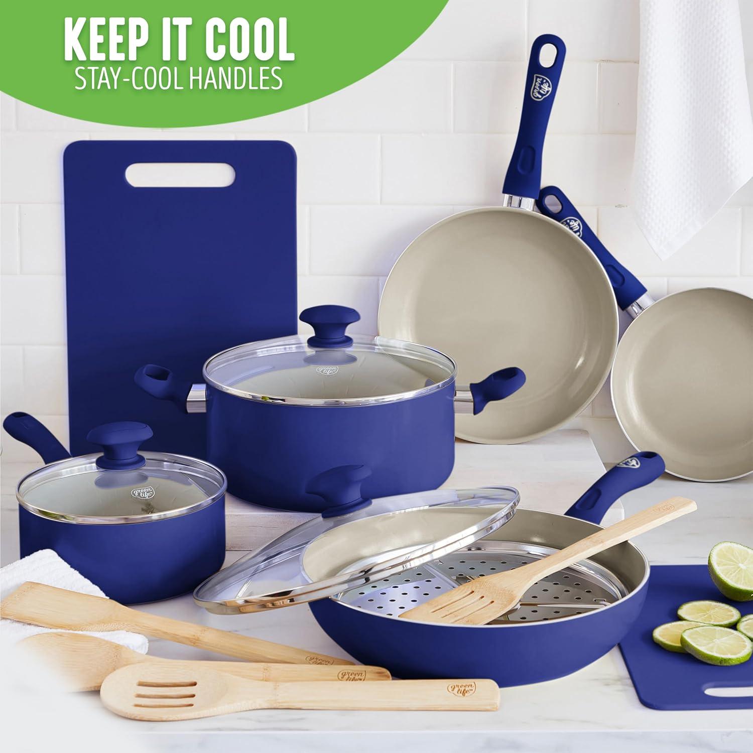 Blue 15-Piece Aluminum Nonstick Cookware Set with Glass Lids