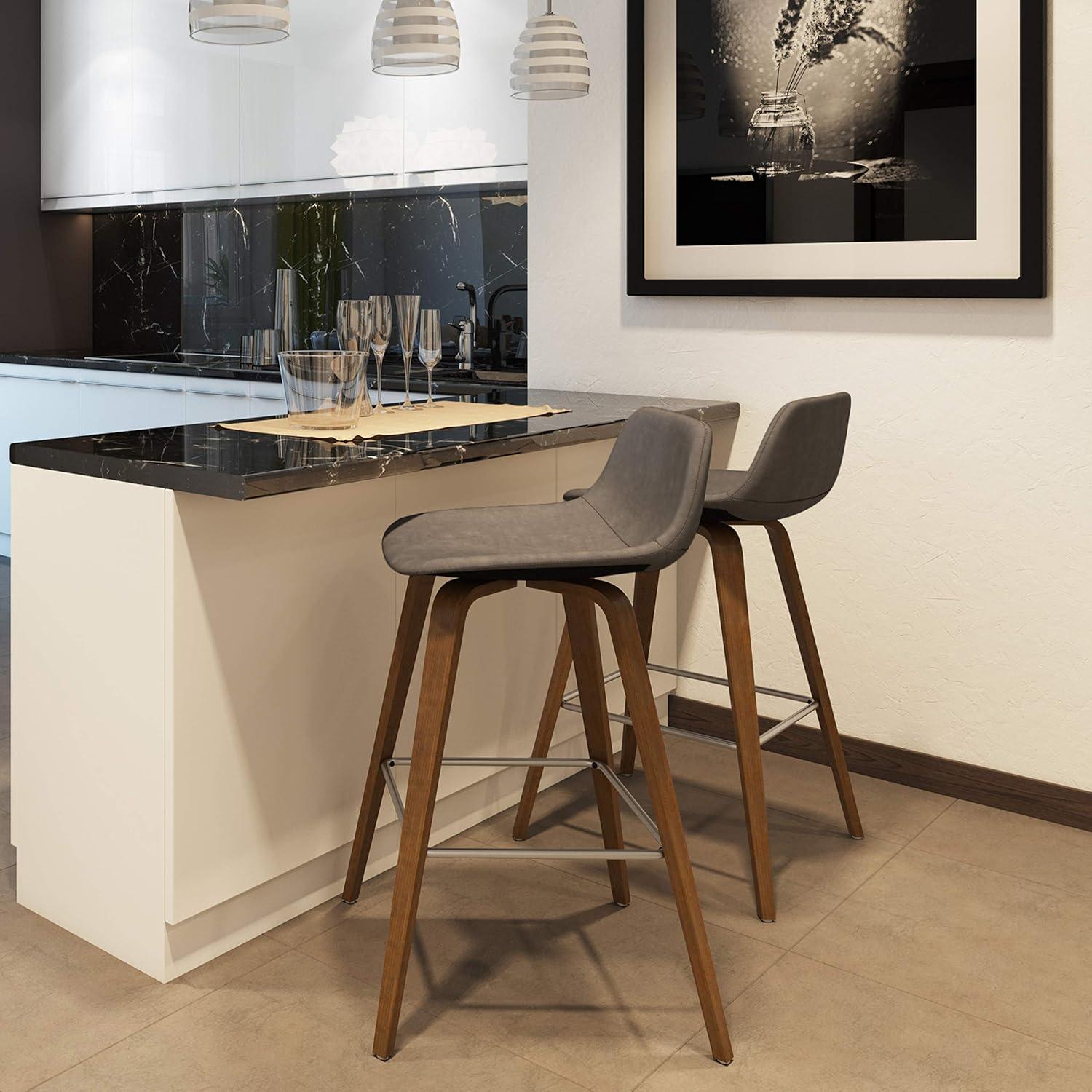 Simpli Home Randolph Upholstered Bentwood Mid-Century Modern Bar & Counter Stool with Chrome Footrest (Set of 2) (Set of 2)