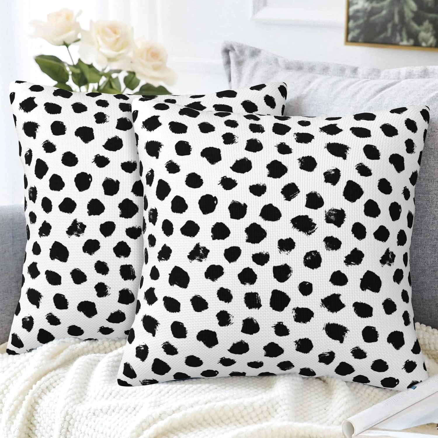 Polka Dots Decorative Throw Pillow Cover Case Brush Strokes Dots Cotton Linen Outdoor Pillow Cases Square Cushion Covers for Sofa Couch Bed Car 18x18 inch Black
