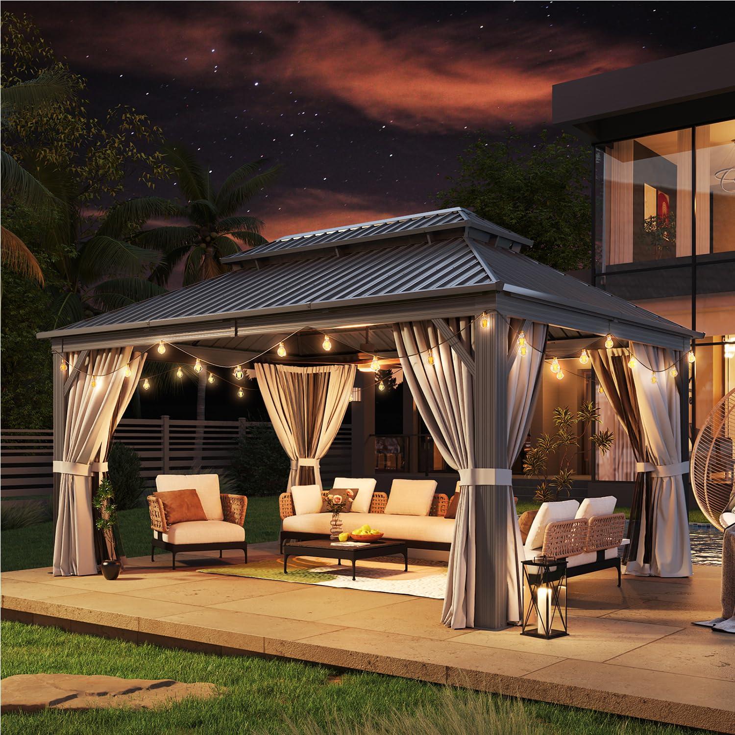 Kozyard Kozyard Alexander Gray Double Roof Hardtop Gazebo with Privacy Curtain Mosquito Netting