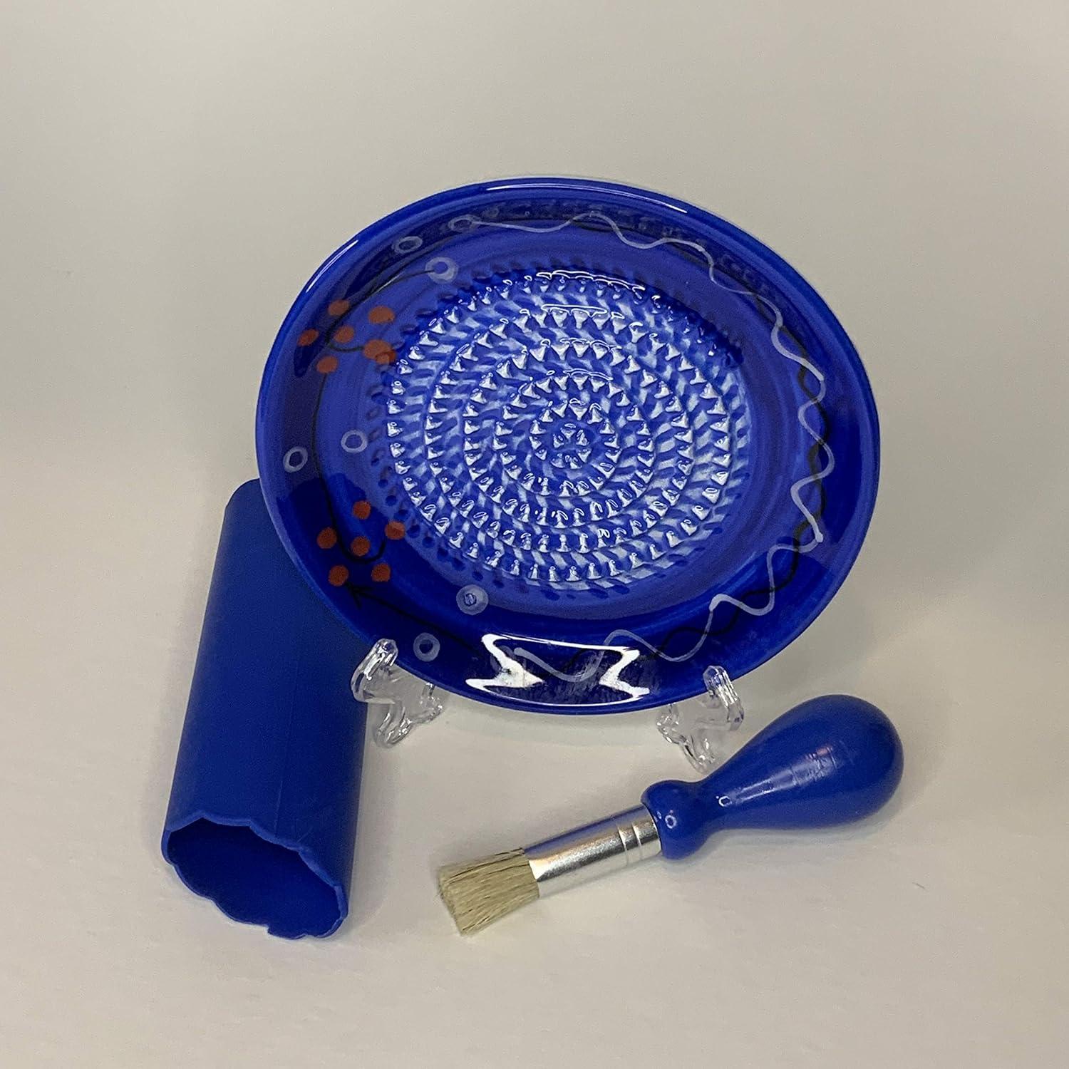 All-in-one 4pcs Premium Ceramic Garlic Grater Set - HandMade, Blue Stoneware Design Grater Plate_Garlic Peeler, Gathering Brush, Display Stand, It's also grating Turmeric, Ginger, and more,.