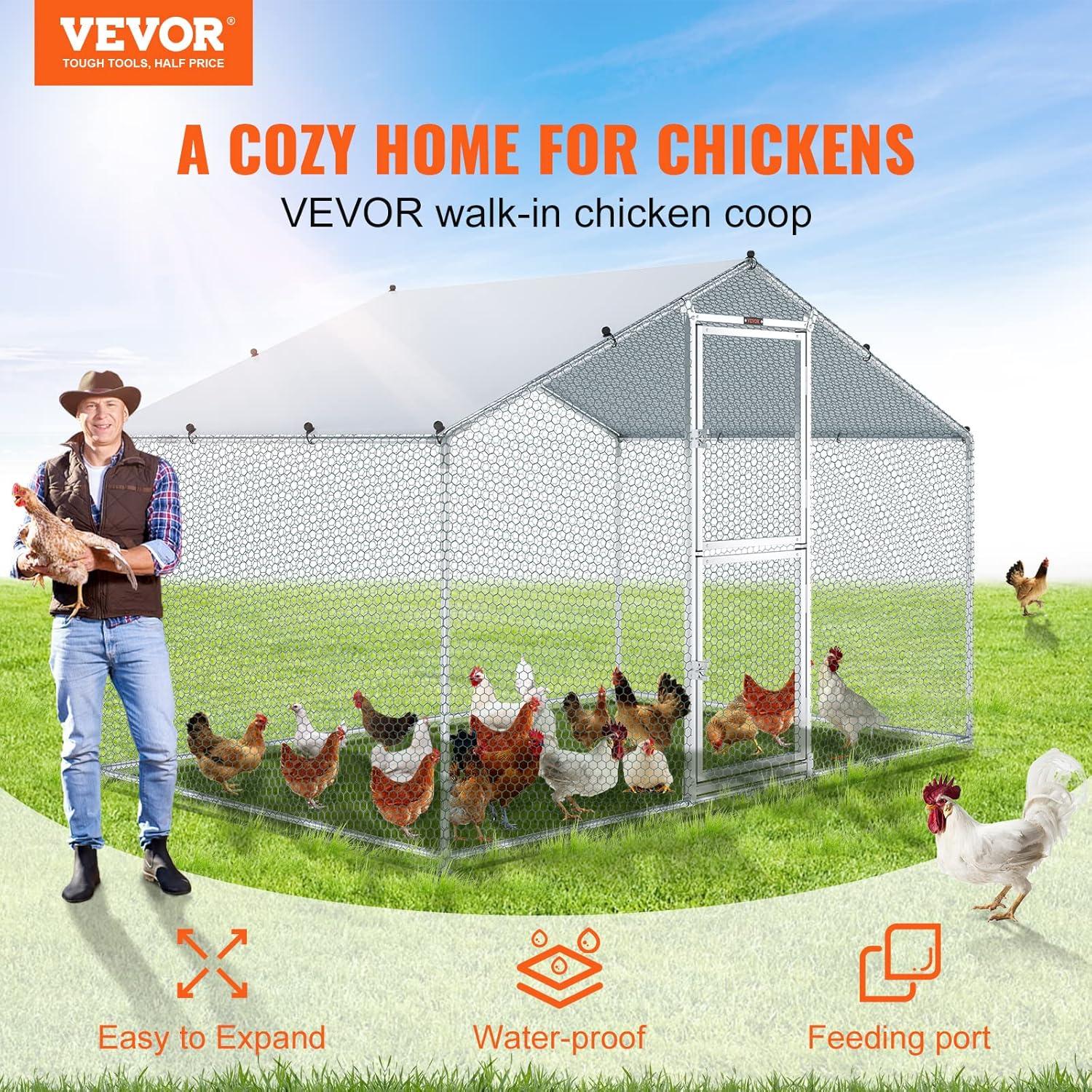 VEVOR Large Metal Chicken Coop with Run Walkin Chicken Coop for Yard with Waterproof Cover 6.6 x 9.8 x 6.6 ft - Peaked Roof