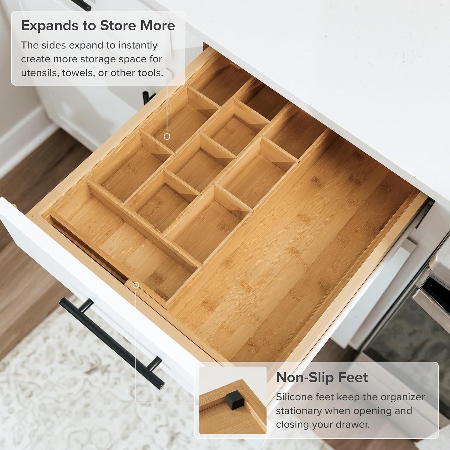 KitchenEdge Tea Bag and Coffee Pod Kitchen Drawer Organizer, Expandable 10 to 17 Inches, 10 Accessory Compartments with Adjustable Wall Inserts, Non-Slip Rubber Feet, 100% Sustainable Bamboo Wood