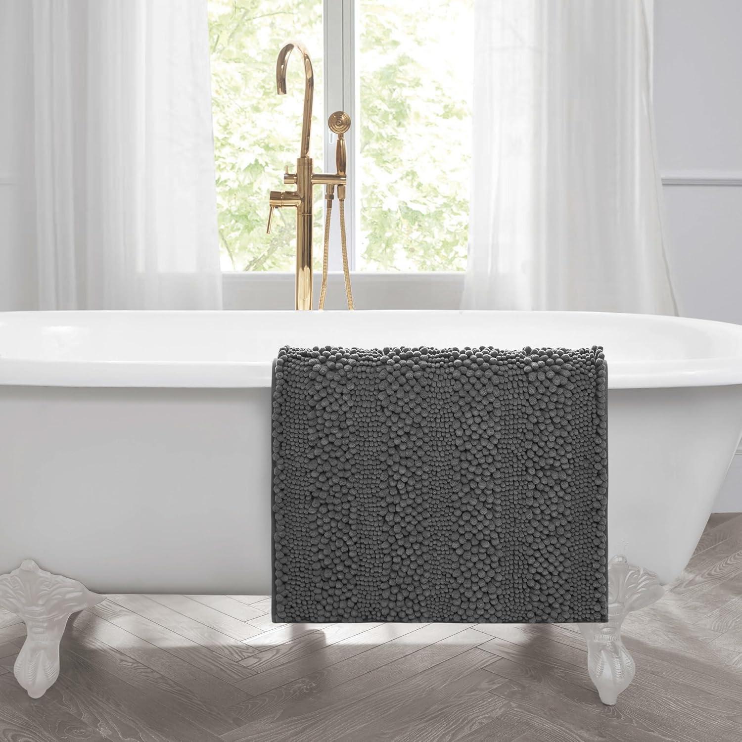 Dark Gray Chenille Non-Slip Bath Mat with Rubber Backing