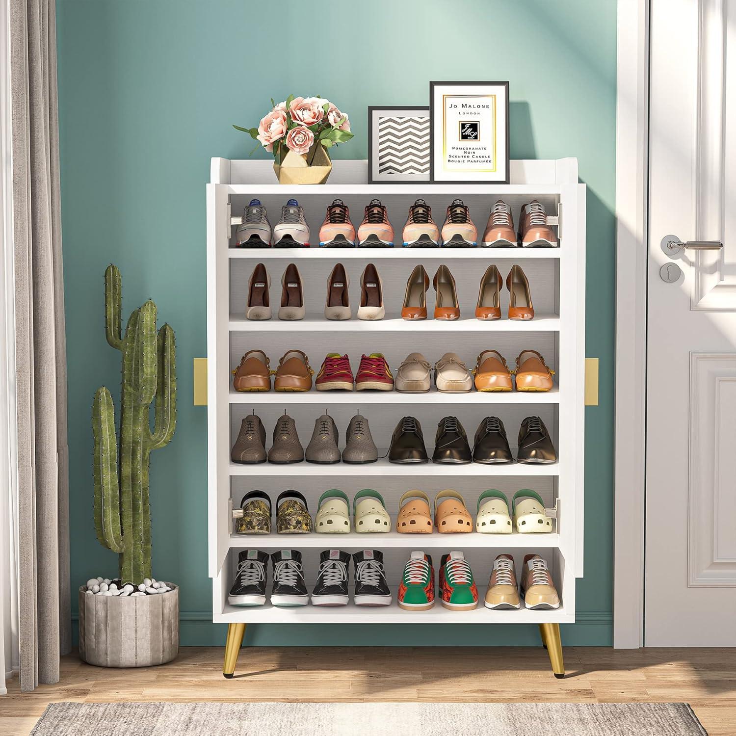 Shoe Cabinet with Doors, 6-Tier Shoe Storage Cabinet with Adjustable Shelves, Wooden Shoes Rack Shoe Storage Organizer for Entryway, Hallway, Closet, Living Room, White & Gold