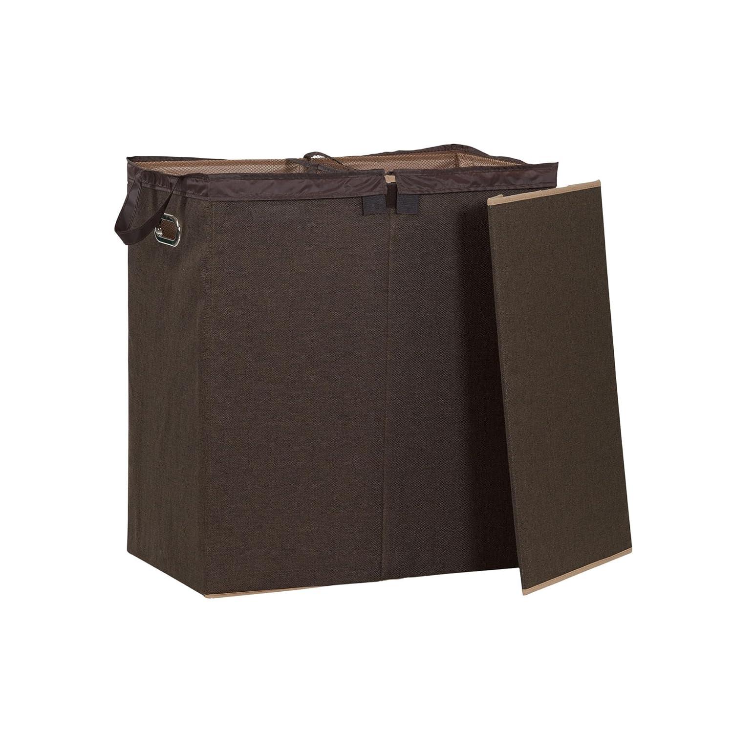 Double Laundry Hamper with Lid, Two Compartments for Easy Sorting with Removable Liner, Collapsible, Brown Linen 5614