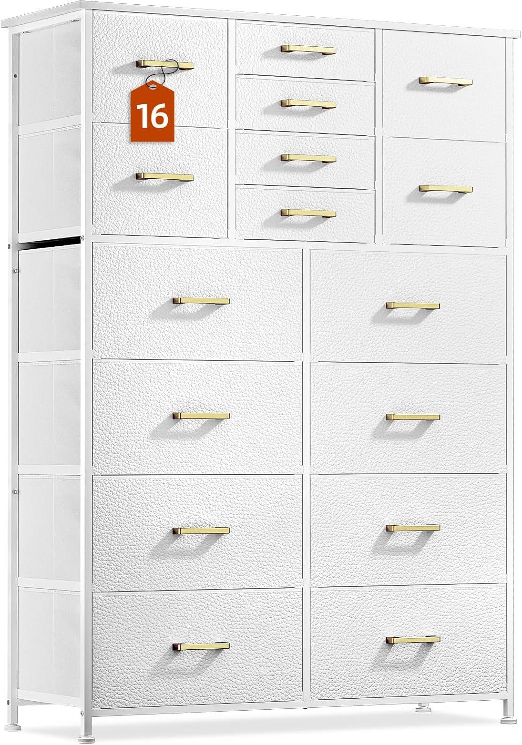 White Tall 16-Drawer Fabric Dresser with Metal Frame