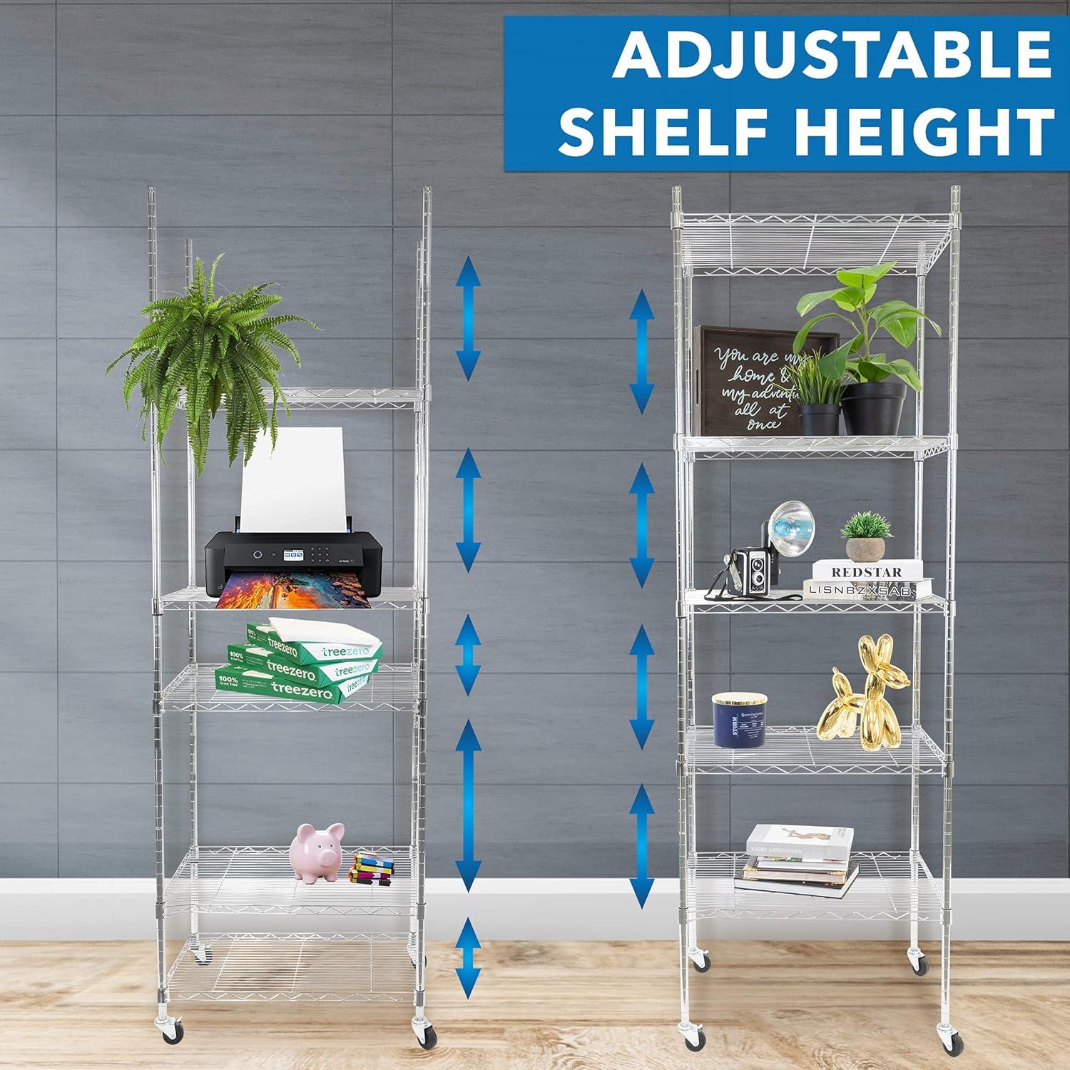 Mount-It! Height Adjustable 5 Tier Wire Shelving with Rolling Wheels | Closet Metal Racks Shelves