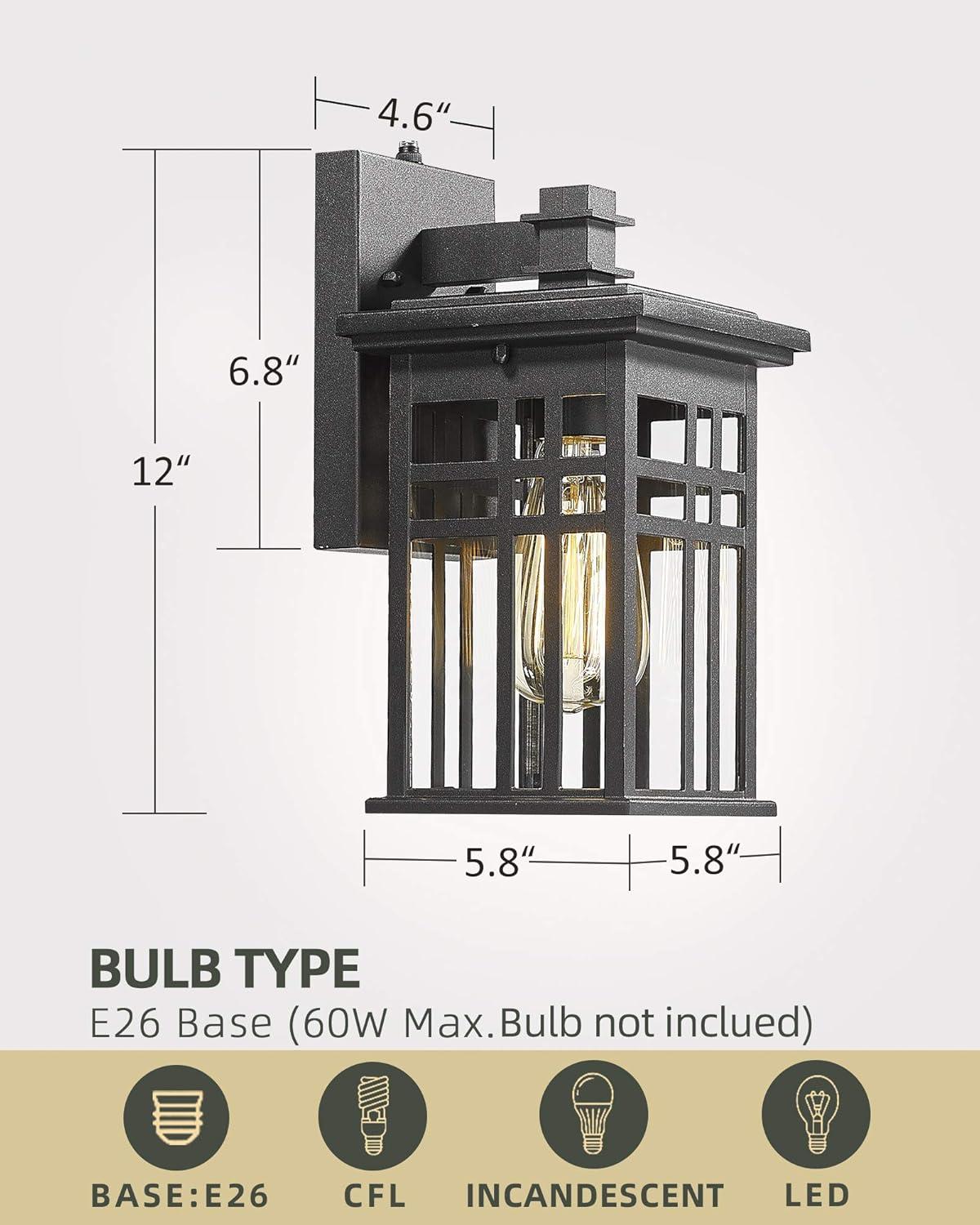 Black Modern Outdoor Wall Lanterns with Tempered Glass Shade, 9.76''