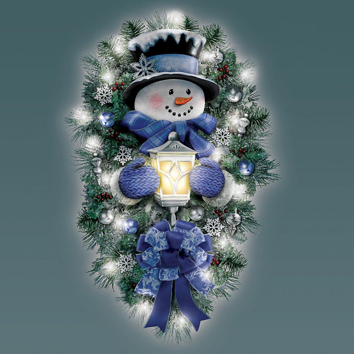 The Bradford Exchange "A Warm Winter Welcome" Lighted Wreath Snowman Christmas Decoration by Thomas Kinkade 24-Inches