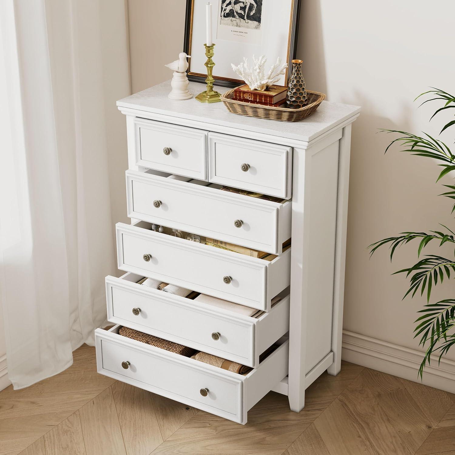 White Farmhouse 6-Drawer Tall Dresser with Metal Handles