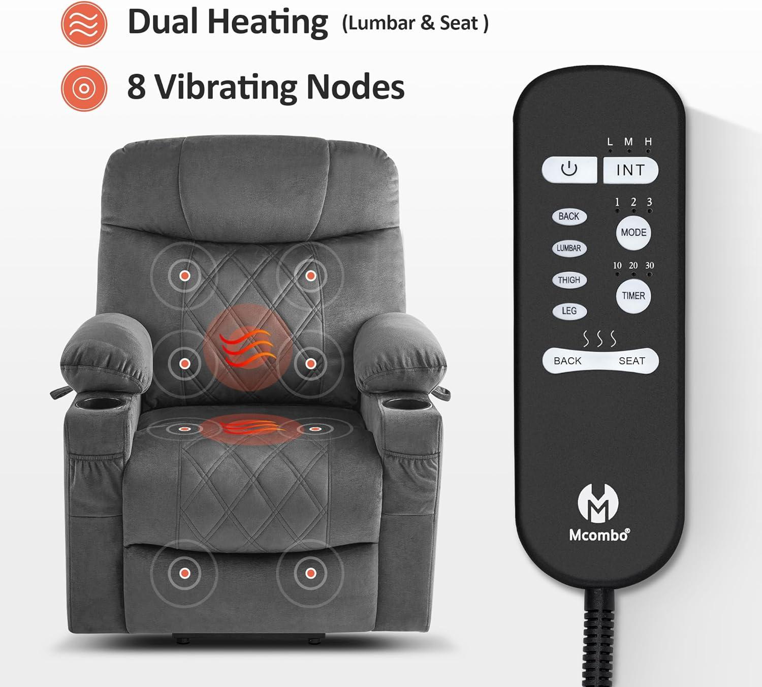 MCombo Small Size Triple Motor Power Lift Recliner Chair Sofa with Massage and Dual Heating, Adjustable Headrest for Elderly People Petite, USB Ports, Extended Footrest, Fabric 7222 (Dark Grey)