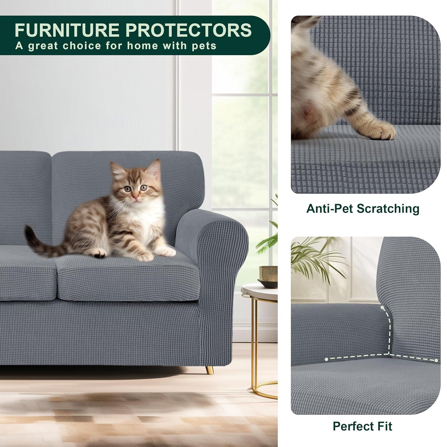 CHUN YI 7 Piece Couch Covers for 3 Cushion Couch Sofa Pet Friendly, 3 Seater Stretch Sofa Slipcover with Seperate Backrest and Cushion Covers, Furniture Protector for Dogs (Large, Light Grey)