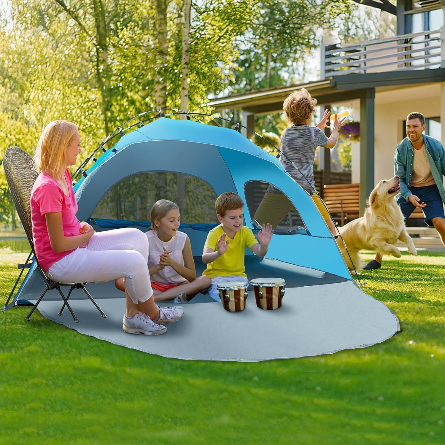 Blue 4-Person Summer Portable Beach Tent with UV Protection