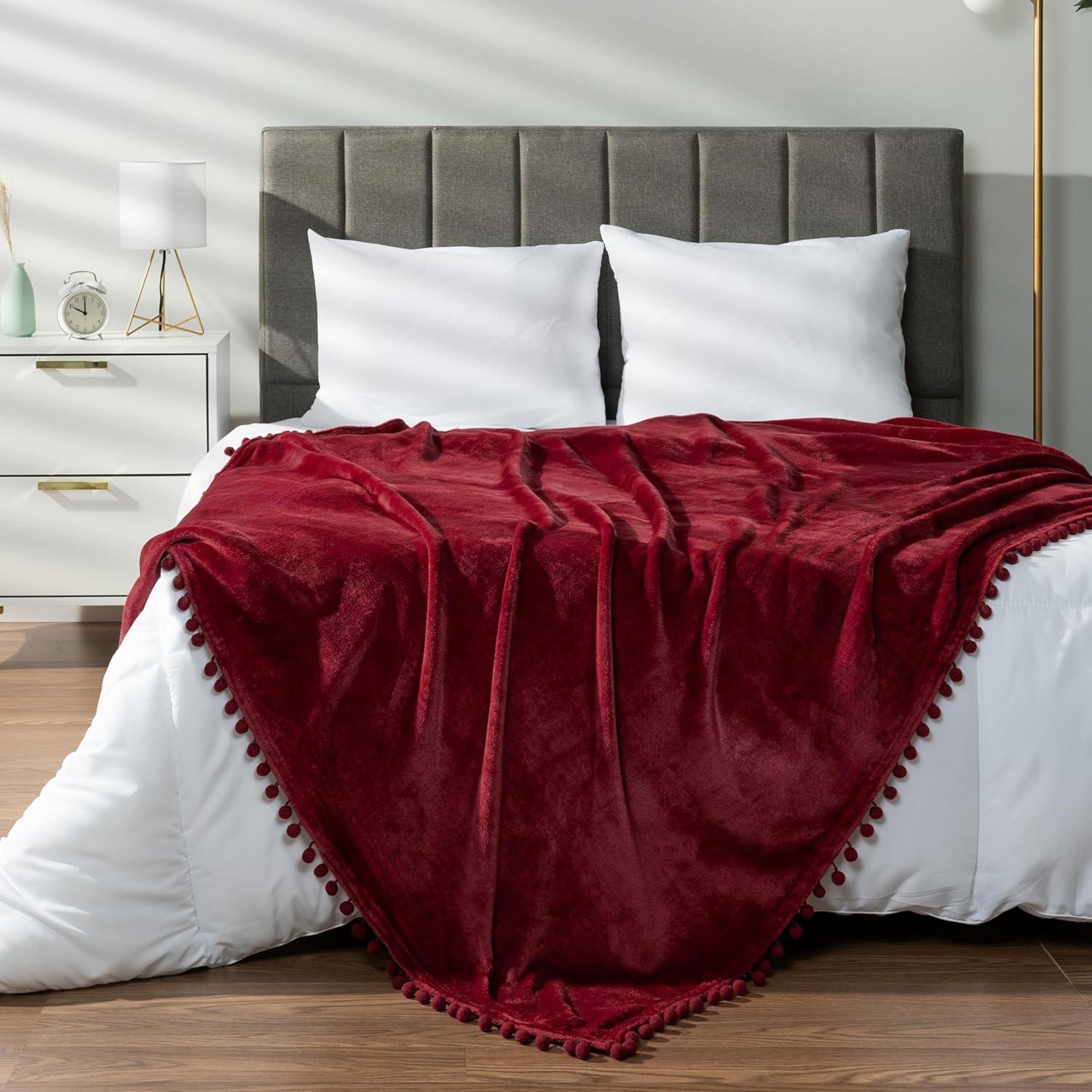 Wine Red Fleece Throw Blanket with Pom Pom Fringe