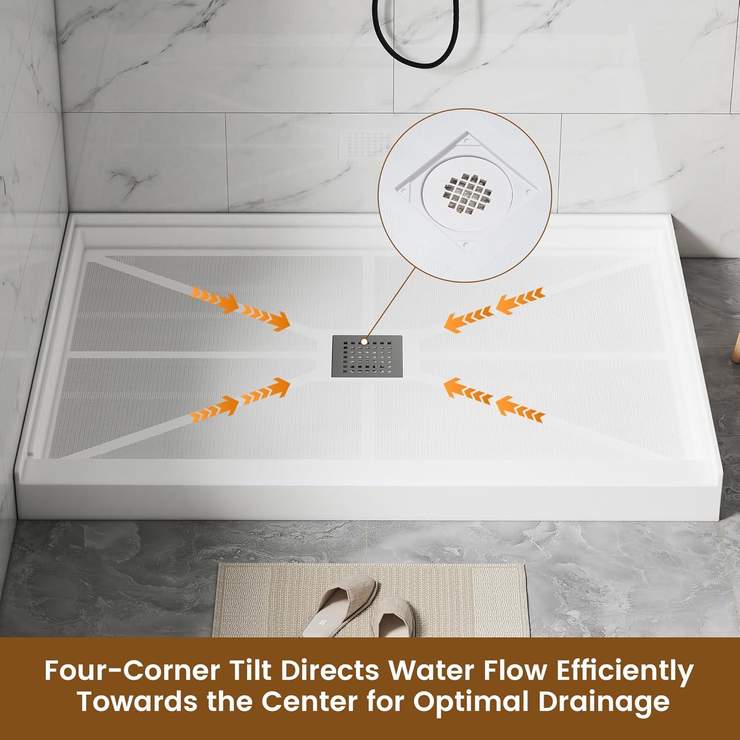 CASAINC 60"W 30/32"D Single Threshold SMC Shower Base Anti-Slip Shower Pan with Drain Assembly & Drain Cover CABR2501WH6030R