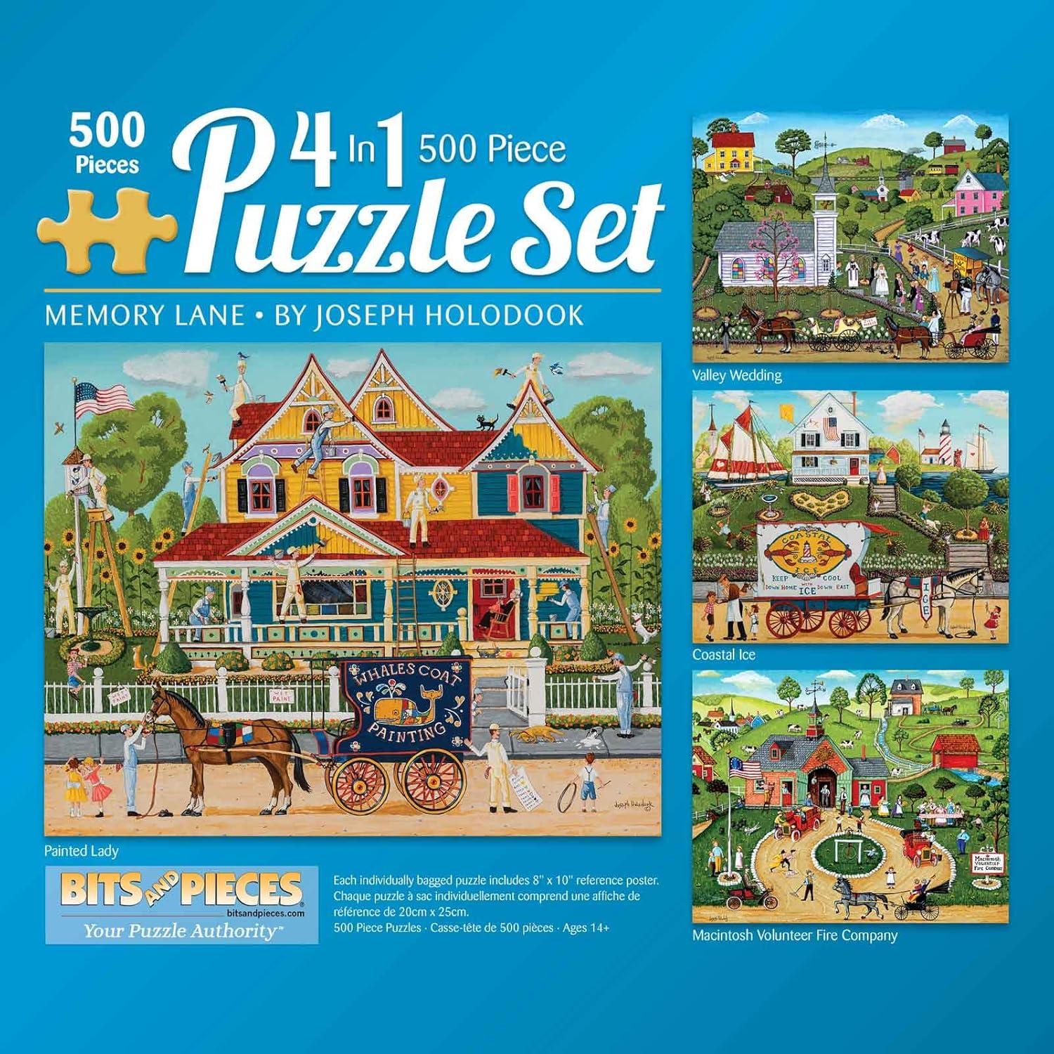 Bits and Pieces 4-in-1 Multi-Pack 500 Piece Jigsaw Puzzles Memory Lane by Joseph Holodook 16"x20"