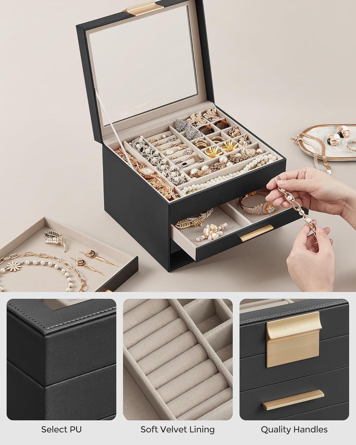 SONGMICS Jewelry Box Organizer with Glass Lid, 4-Layer Jewelry Storage, with 3 Drawers, Modern Style, 8 x 9.1 x 6.5 Inches, Graphite Black and Gold Color UJBC173B01