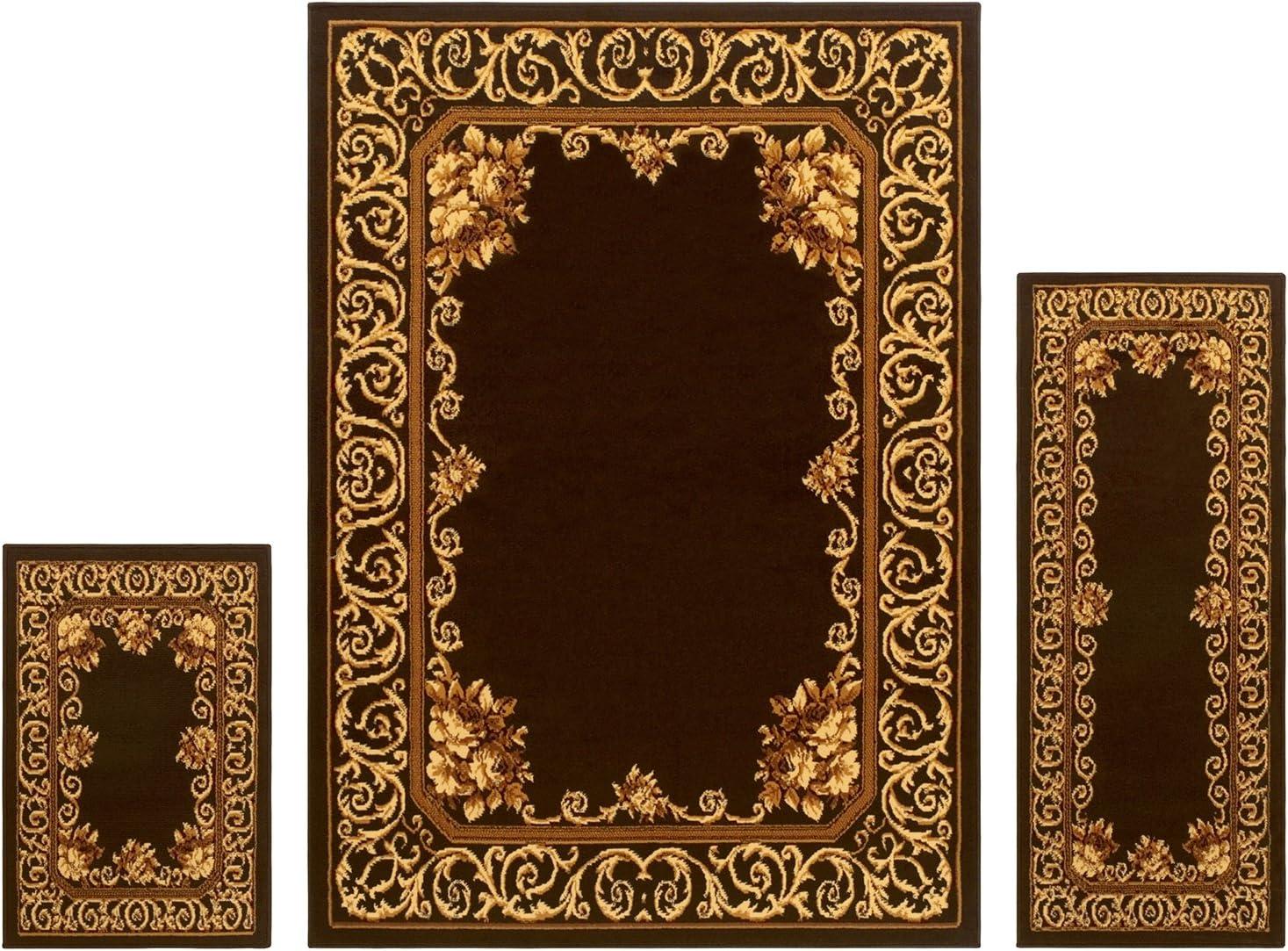 Valarie Traditional Floral Scroll Border Indoor Area Rug 3 Piece Set