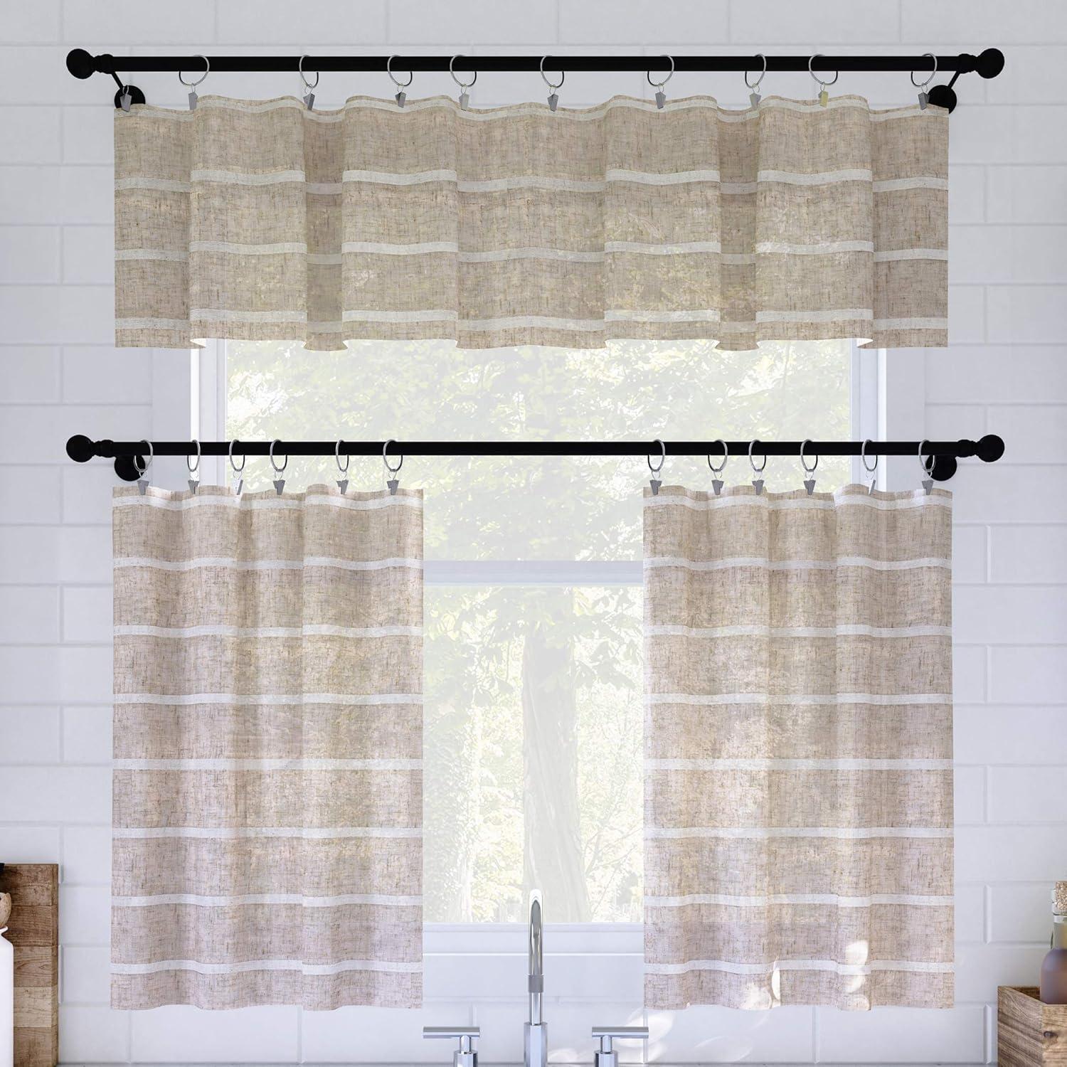 Clean Window Aso Twill Stripe Linen Blend Sheer Rod Pocket Kitchen Curtain Valance