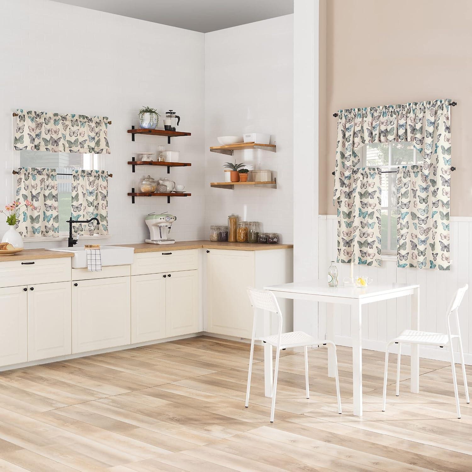 56"x14" No. 918 Sheer Magdalena Butterfly Print Rod Pocket Kitchen Curtain Valance Blue: Polyester, Machine Washable