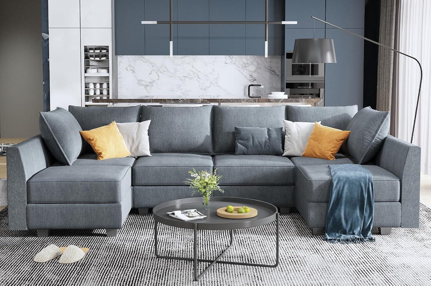 Gray Fabric U-Shaped Sectional Sofa with Storage Ottoman