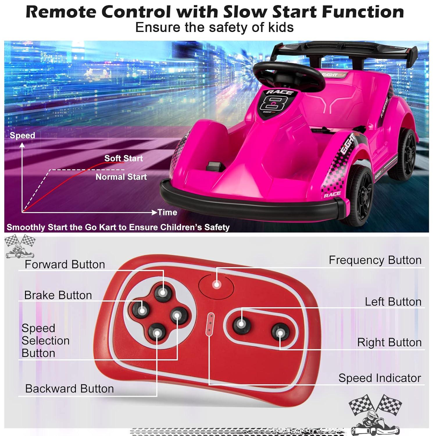 Costway 6V Electric Go Kart for Kids Electric Ride On Car w/ 2.4G Remote Control w/Soft Start Sound and Music Function Pink