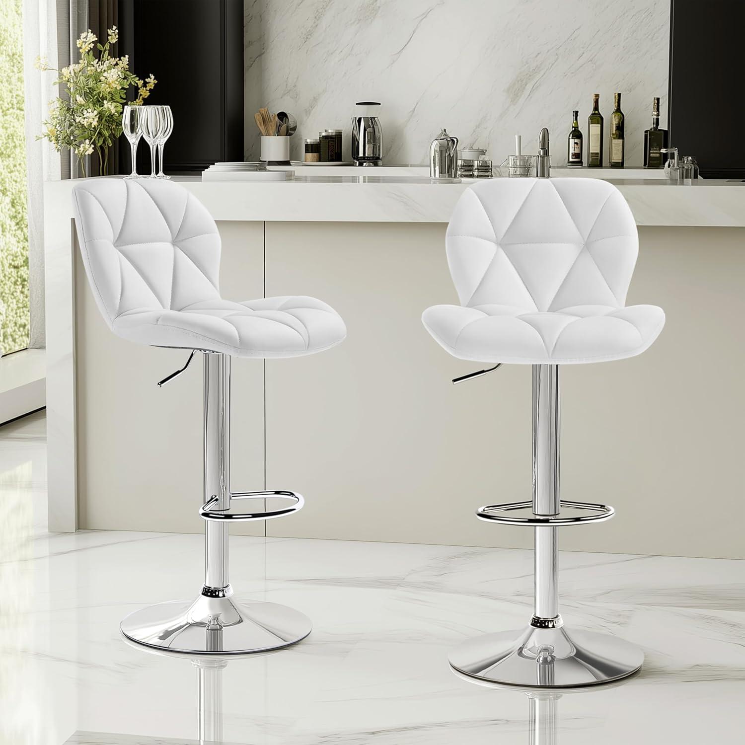 Yaheetech Barstools Set of 2, PU Leather Counter Stools Bar Chairs with Backrest, Height Adjustable Swivel Tall Chairs for Home Bar Kitchen Island, White
