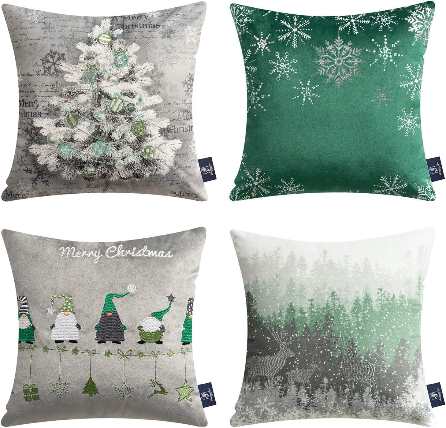 Phantoscope Merry Christmas Decorative Velvet Embroidery Throw Pillow Cover with Snowflake, Trees