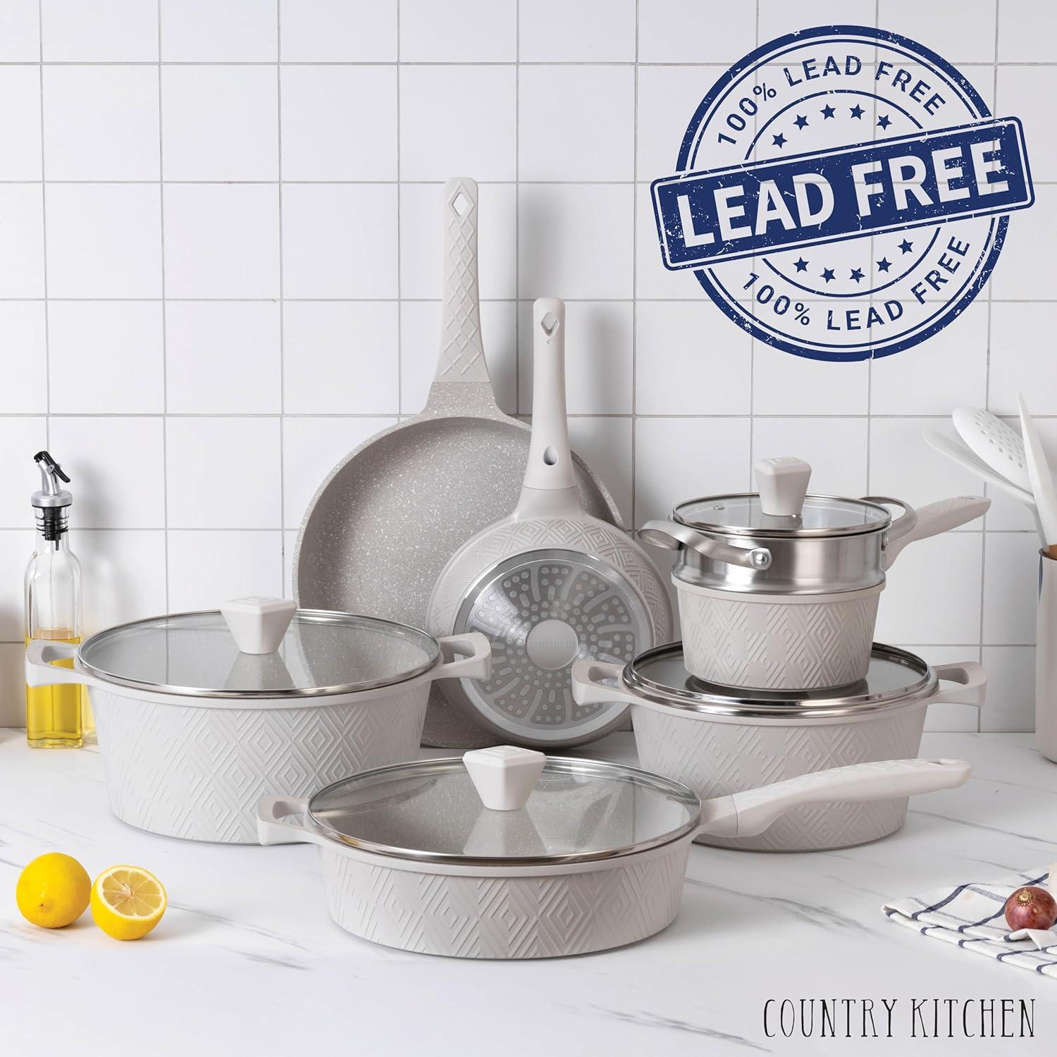 Country Kitchen 11-Pc Cast Aluminum Cookware Set Non Stick Pots and Pan Set, Cream Diamond
