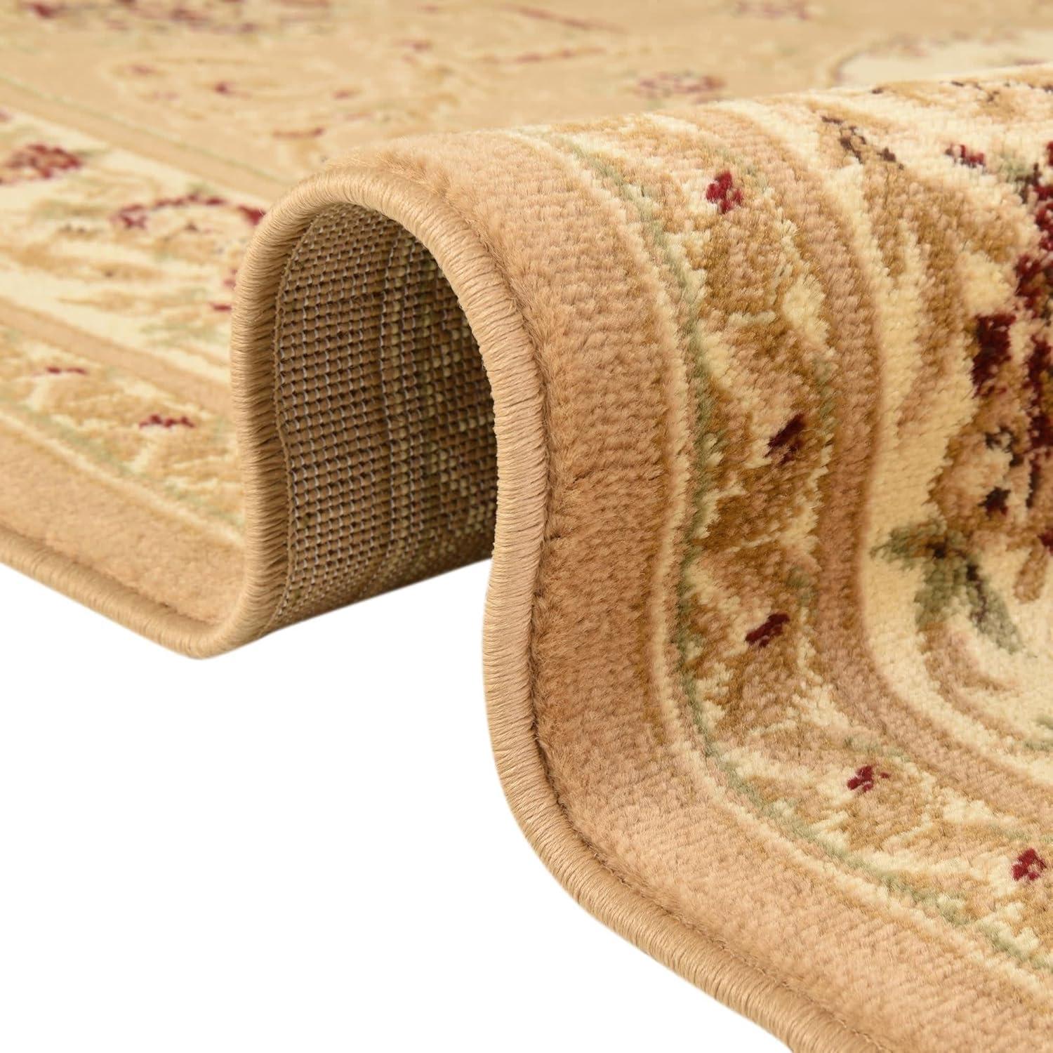 Tan and Cream Floral Square Stain-Resistant Rug