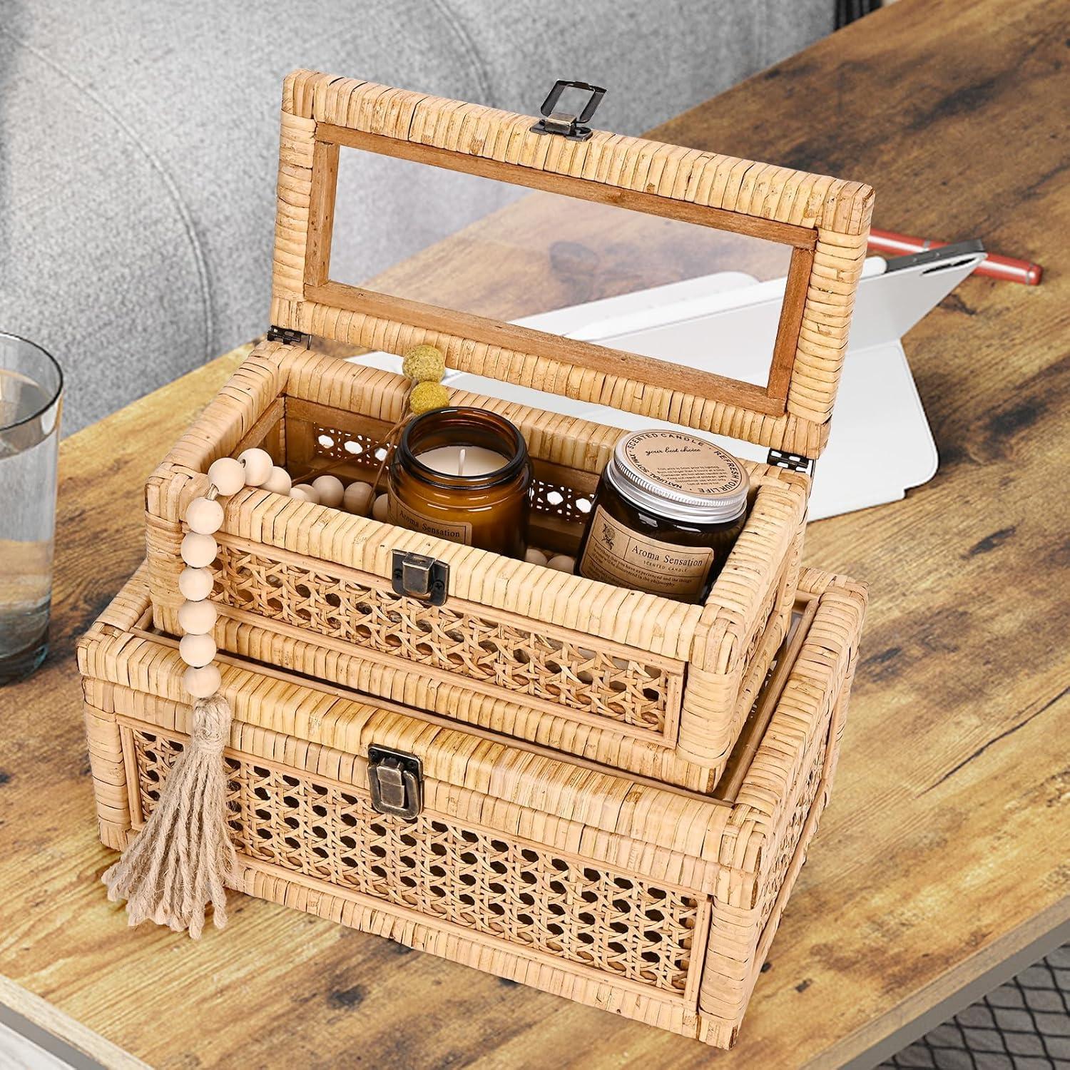 Rattan Decorative Box with Lid, Rectangular Woven with Glass for Display, Set of 2 Wicker for Decor