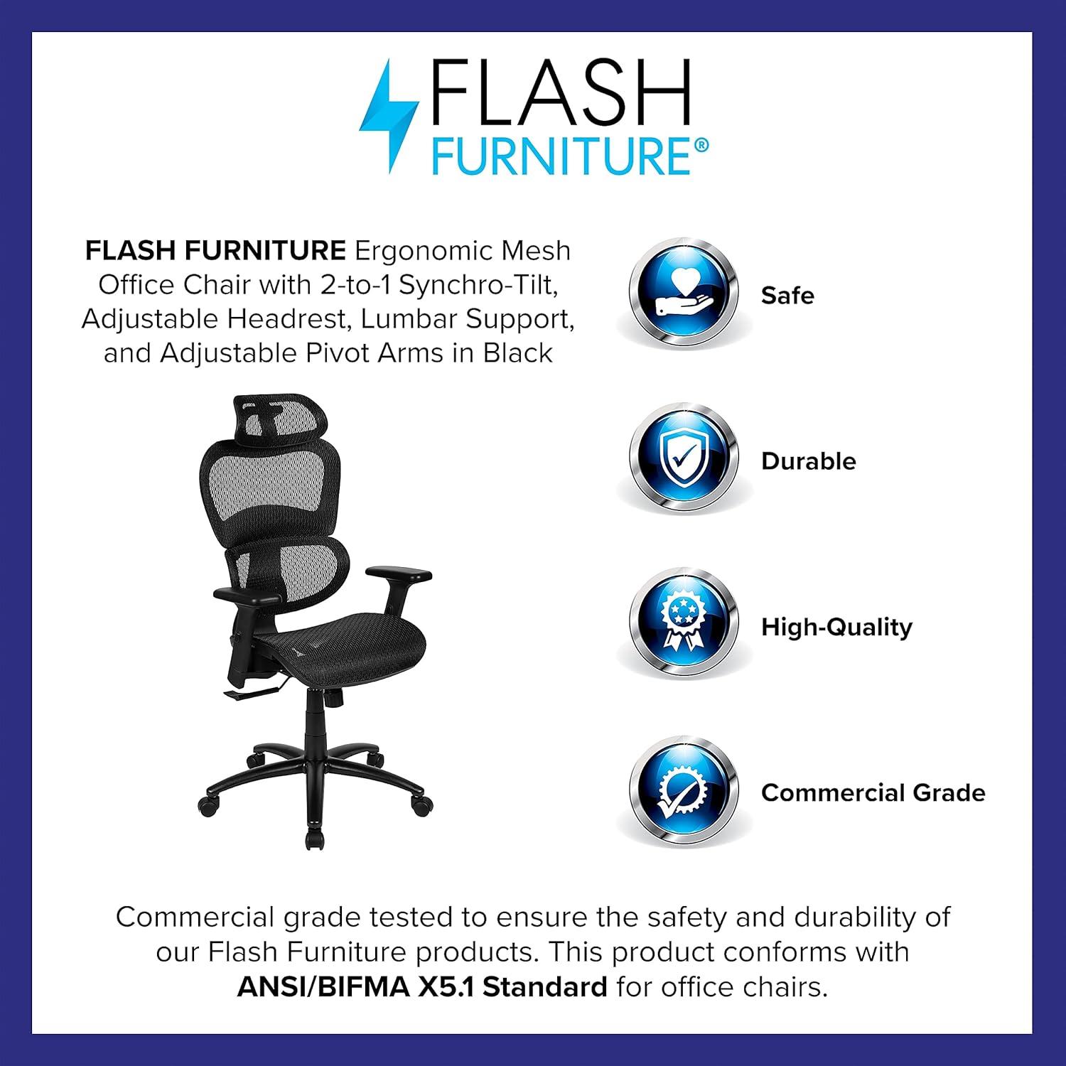 Flash Furniture Ergonomic Mesh Office Chair with 2-to-1 Synchro-Tilt, Adjustable Headrest, Lumbar Support, and Adjustable Pivot Arms