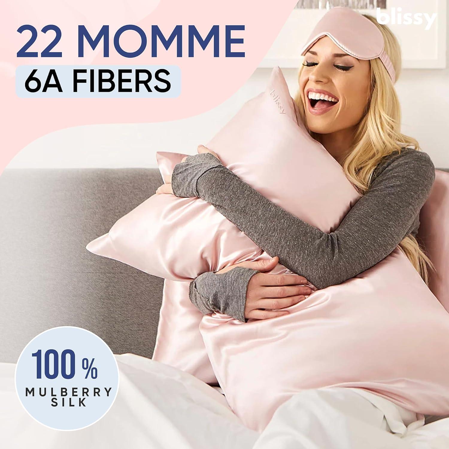 Blissy Silk Pillowcase - 100% Pure Mulberry Silk - 22 Momme 6A High-Grade Fibers - Silk Pillow Cover for Hair & Skin - Regular, Queen & King with Hidden Zipper (Standard, Pink)