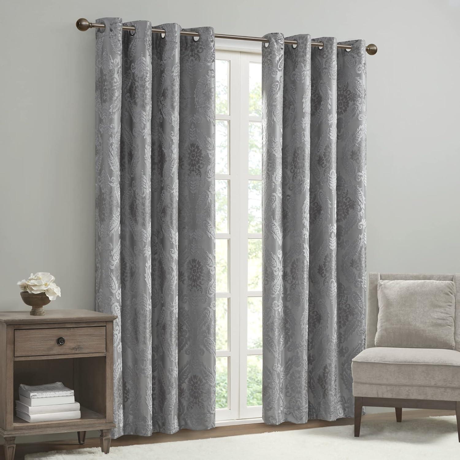 Sun Smart Amelia Jacquard Paisley Total Blackout Curtain for Bedroom, Luxury Single Window Panel Living Room Family-Room Kitchen, Grommet Top, 1-Panel Pack, 50"x84", Grey