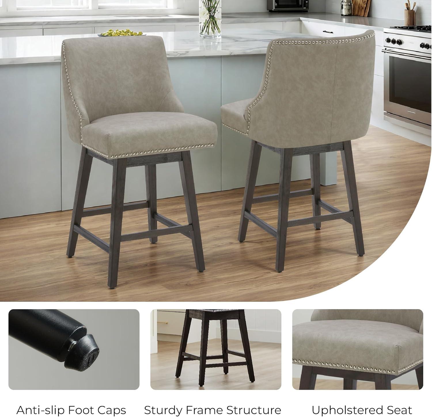 CHITA 26 inch Faux Leather Swivel Upholstered Counter Height Bar Stools with Full Back, Set of 2, Stone Gray