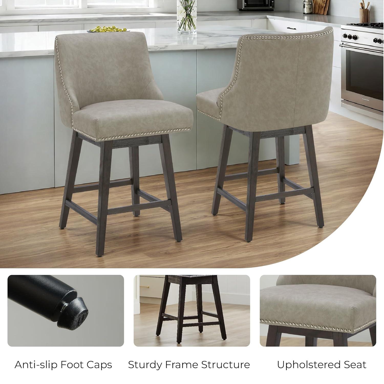 CHITA 26 inch Faux Leather Swivel Upholstered Counter Height Bar Stools with Full Back, Set of 2, Stone Gray