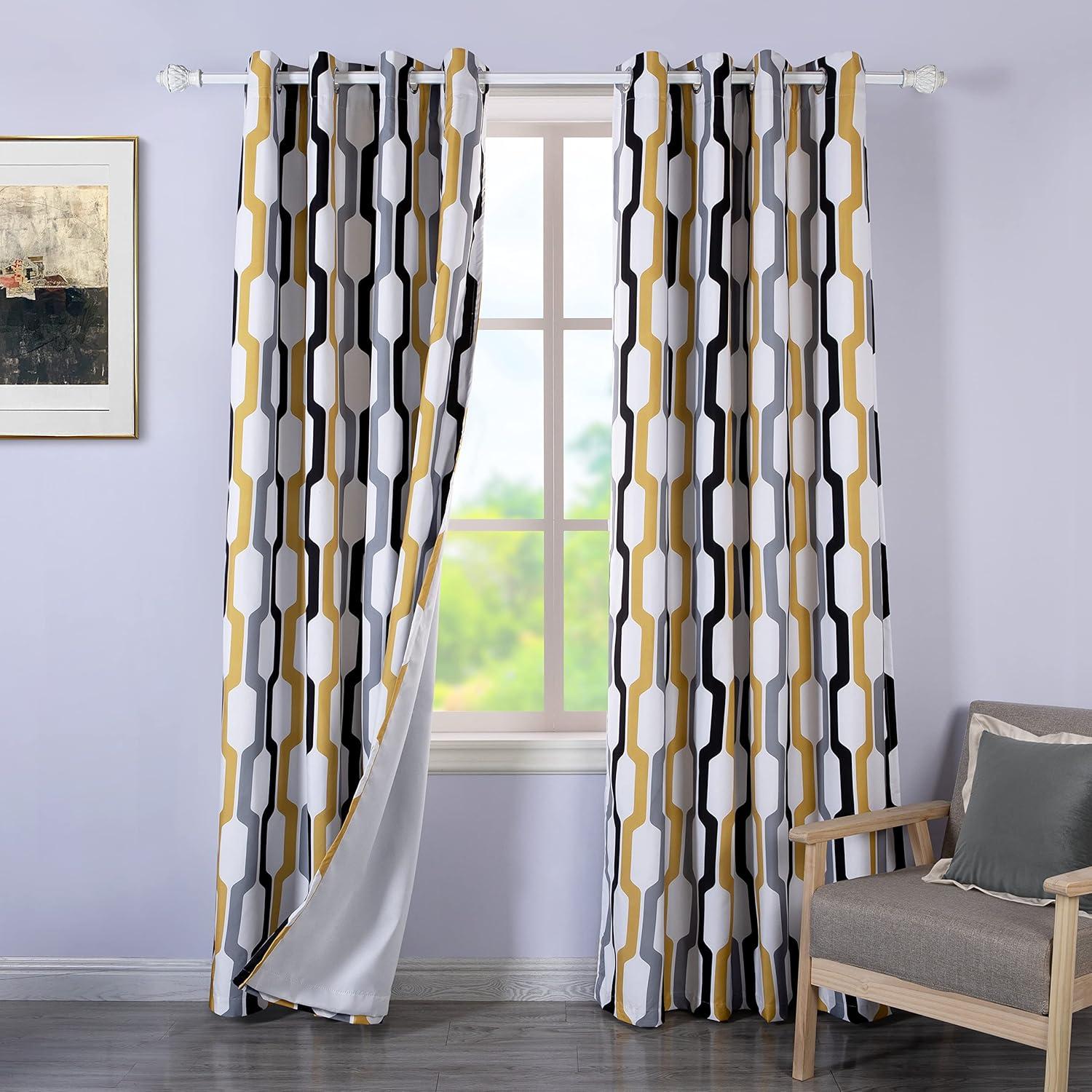 Gold White Geometric Blackout Grommet Curtains, 84 Inch, 2 Panels