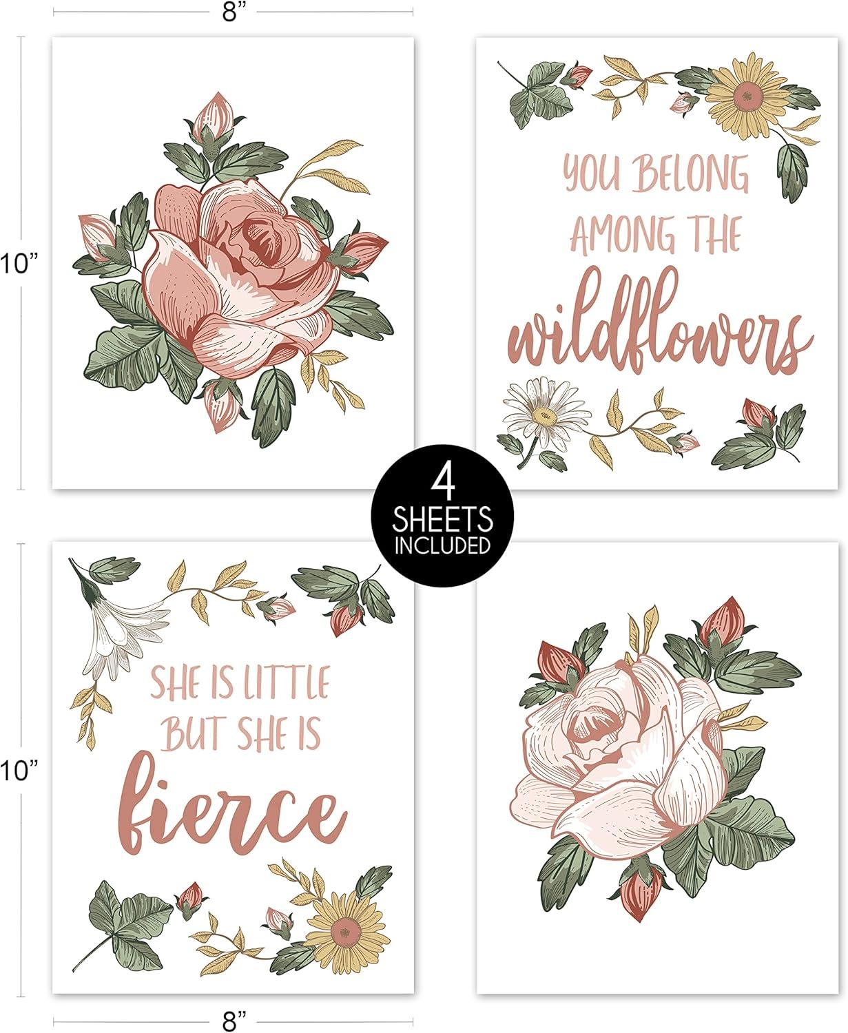 Sweet Jojo Designs Vintage Floral Boho Wall Art Prints Room Decor for Baby, Nursery, and Kids - Set of 4 - Blush Pink, Yellow, Green and White Shabby Chic Rose Flower Farmhouse Wildflower