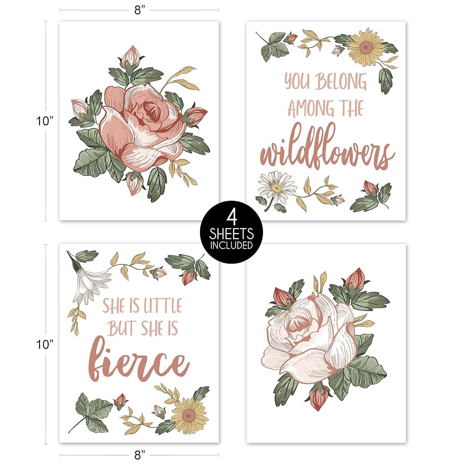 Sweet Jojo Designs Vintage Floral Boho Wall Art Prints Room Decor for Baby, Nursery, and Kids - Set of 4 - Blush Pink, Yellow, Green and White Shabby Chic Rose Flower Farmhouse Wildflower