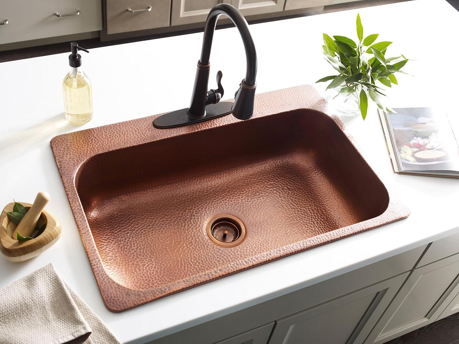 Angelico Copper 33" Single Bowl Drop-In Kitchen Sink with 3 Holes