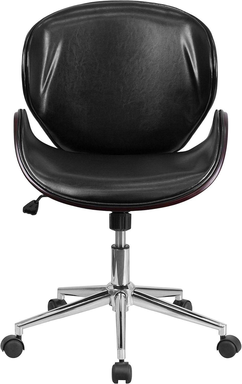 Ergonomic Mahogany Wood and Black Leather Mid-Back Swivel Office Chair